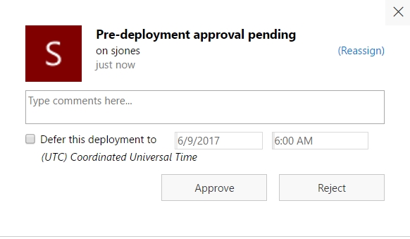 The Pre-deployment approval pending dialog box displays.